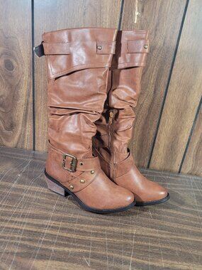 Women Boots Brown Casual Western Style 2" Heel Half Zipper Size: 8